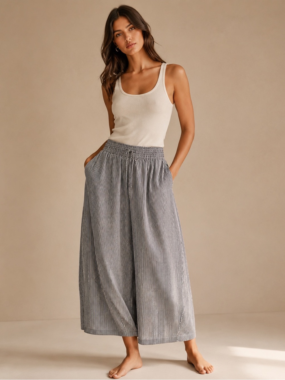 Allie Rose Striped Wide Leg Pull On Pants Size L